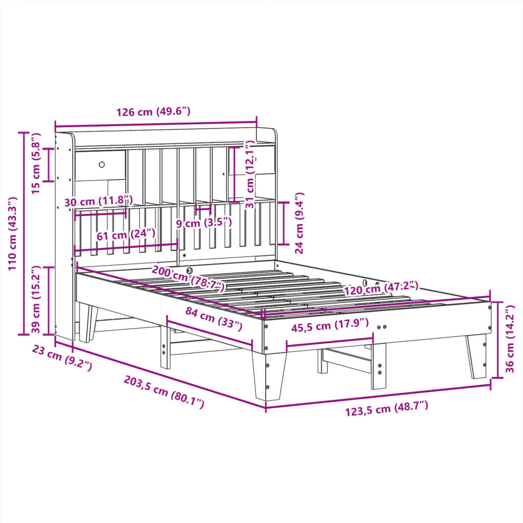 Cama sem colchão 120x200 cm madeira de pinho maciça branco