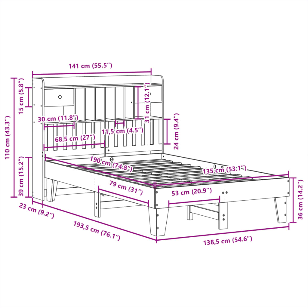 Cama sem colchão 135x190 cm madeira de pinho maciça branco