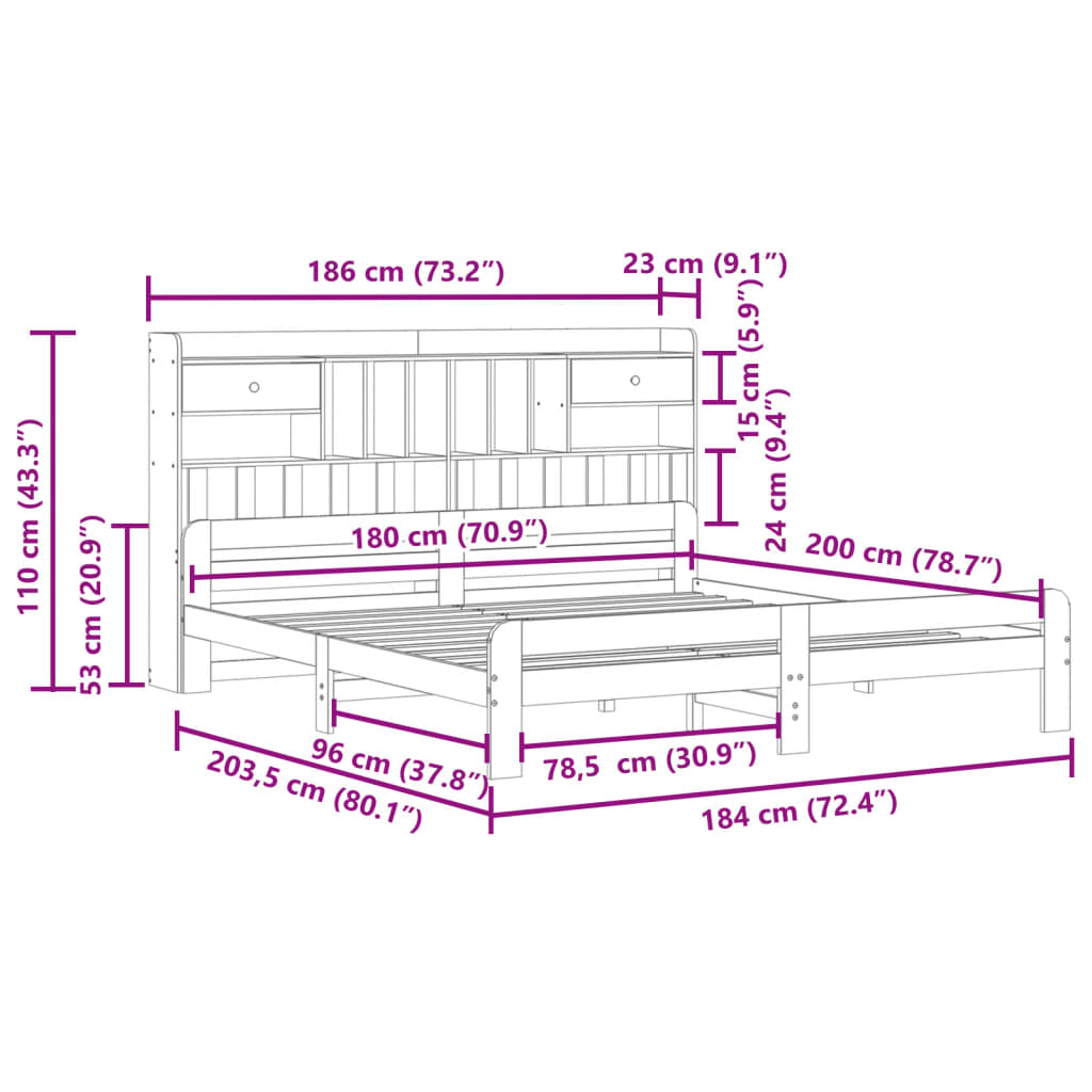 Cama com estante sem colchão 180x200 cm pinho maciço branco