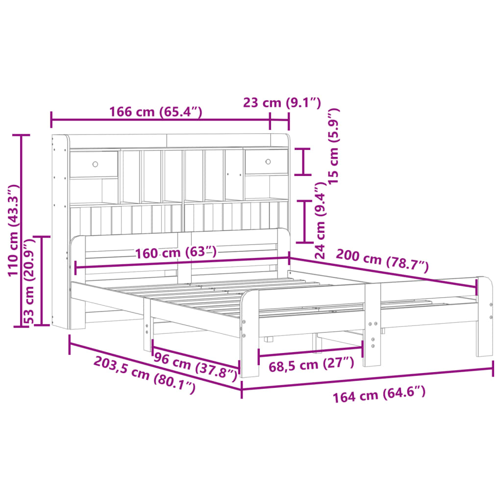 Cama com estante sem colchão 160x200 cm pinho maciço branco