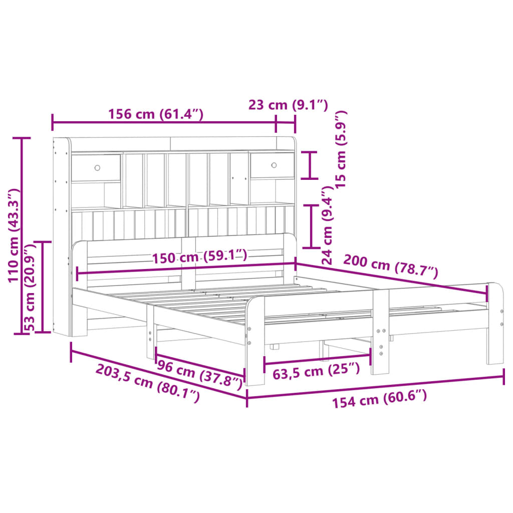 Cama com estante sem colchão 150x200 cm pinho maciço branco