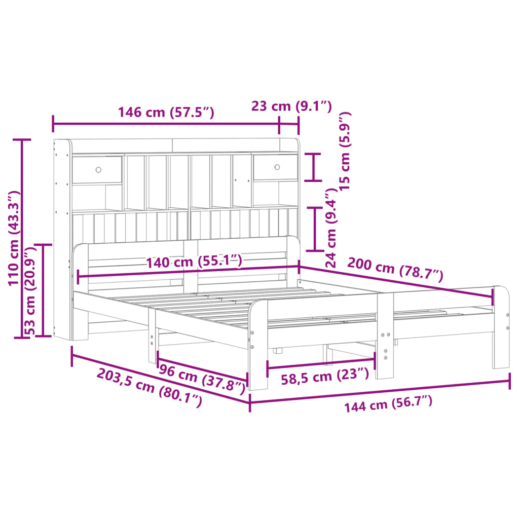 Cama com estante sem colchão 140x200 cm pinho maciço branco