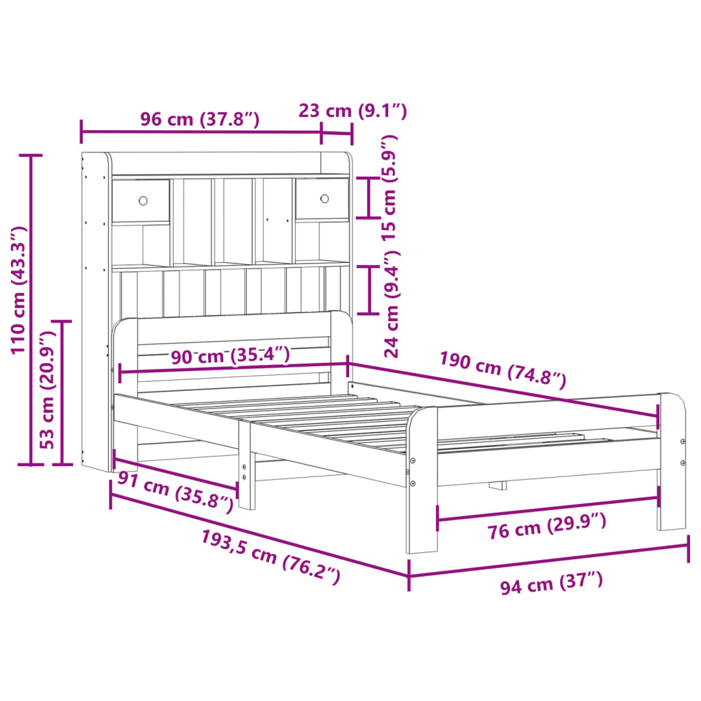 Cama com estante sem colchão 90x190 cm pinho maciço branco