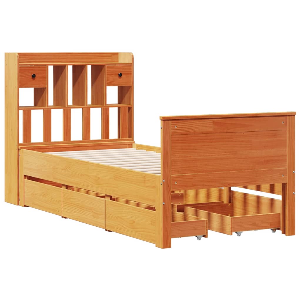 Cama com estante sem colchão 75x190cm pinho maciço castanho-mel