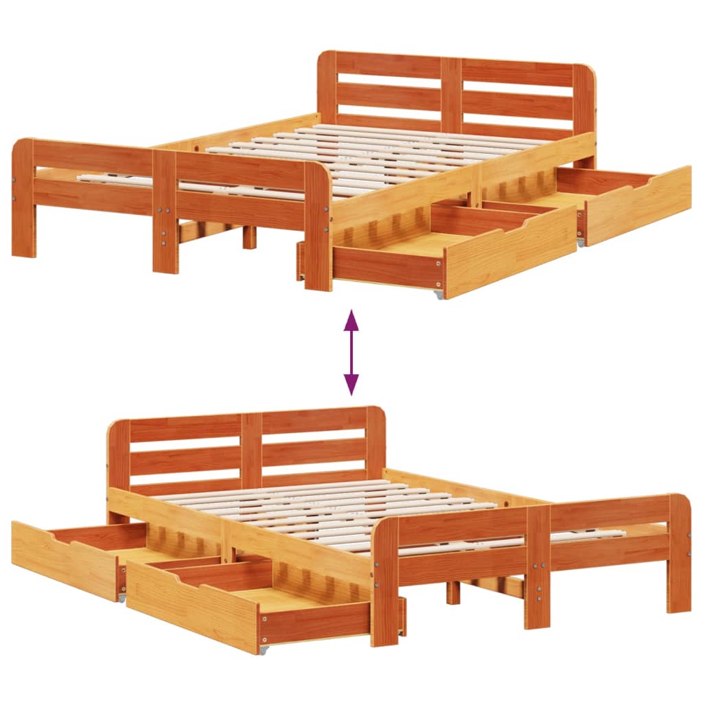 Cama sem colchão 135x190 cm madeira pinho maciça castanho-mel