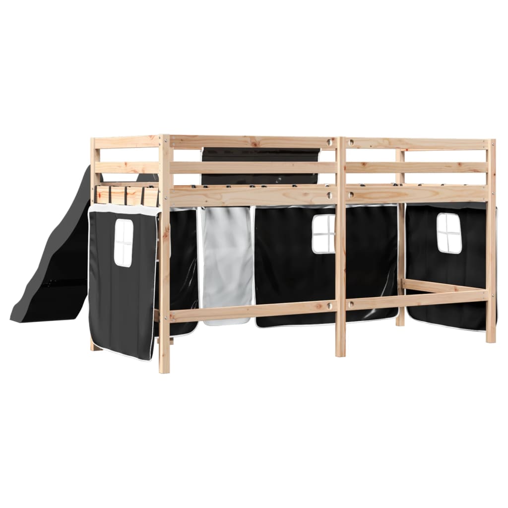 Cama alta criança c/ cortina 90x190cm pinho maciço branco/preto