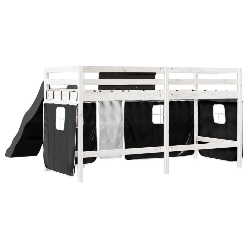 Cama alta criança c/ cortina 90x190cm pinho maciço branco/preto