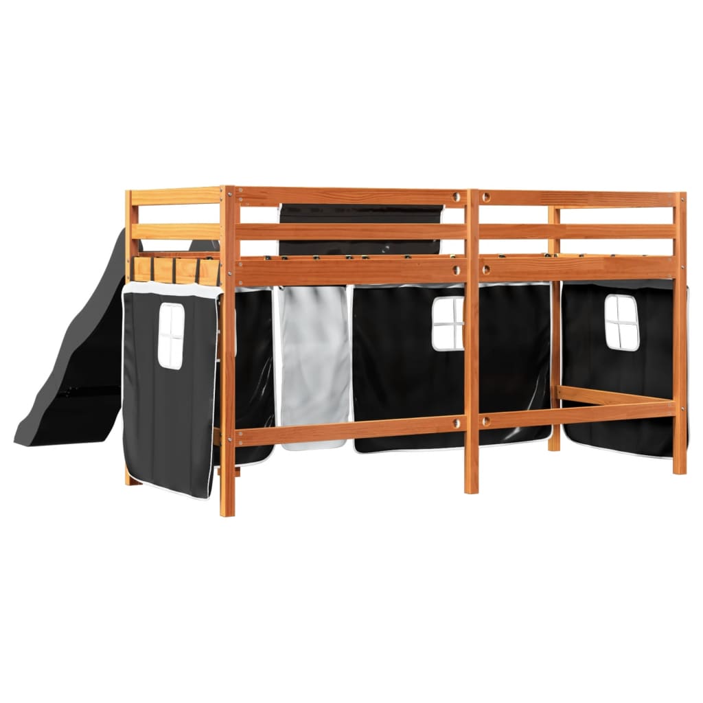 Cama alta criança c/ cortina 90x190cm pinho maciço branco/preto