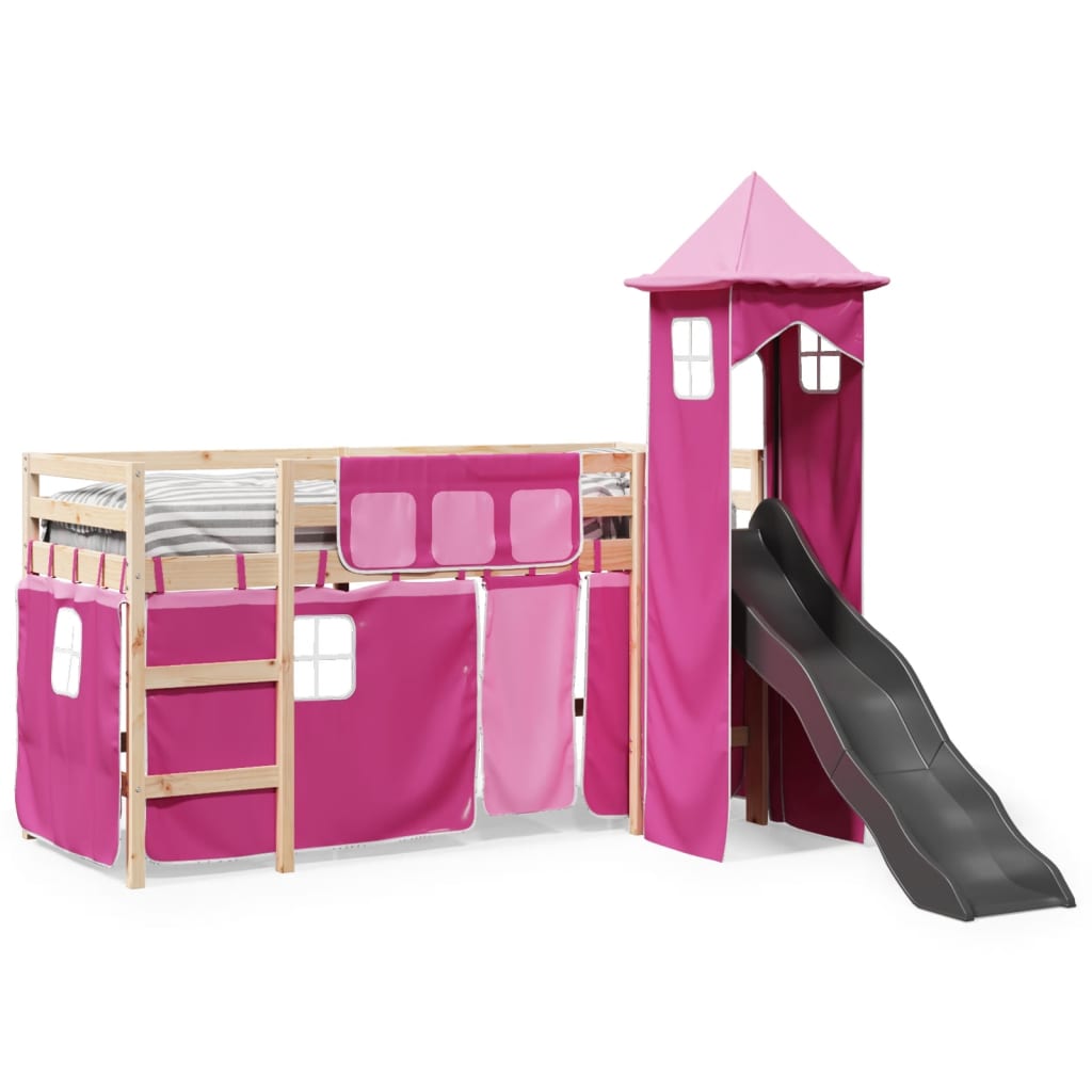 Cama alta para criança com torre 80x200 cm pinho maciço rosa