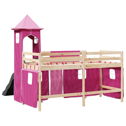 Cama alta para criança com torre 80x200 cm pinho maciço rosa