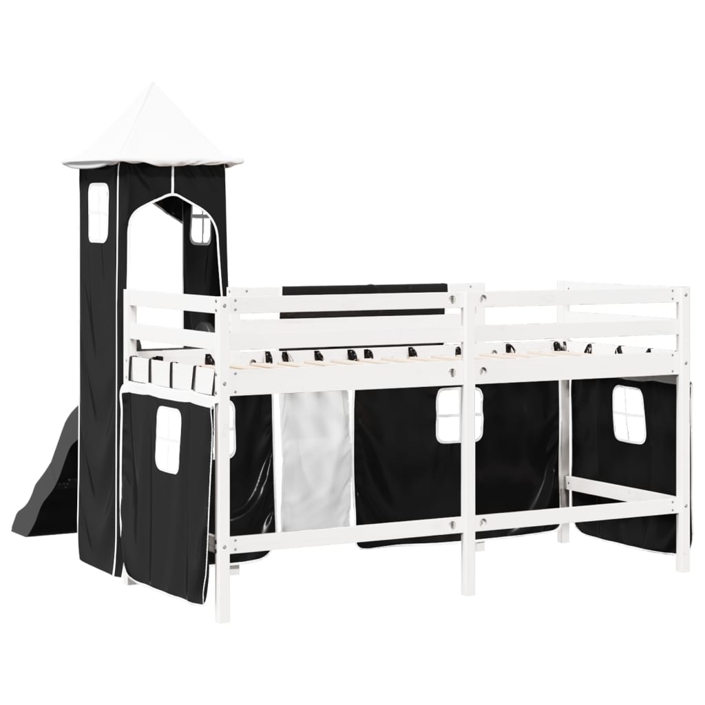 Cama alta criança c/ torre 80x200 cm pinho maciço branco/preto