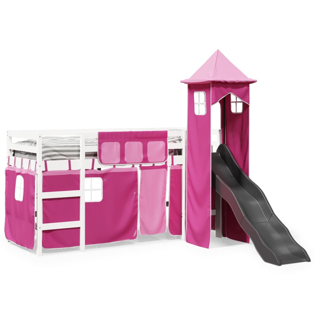 Cama alta para criança com torre 80x200 cm pinho maciço rosa