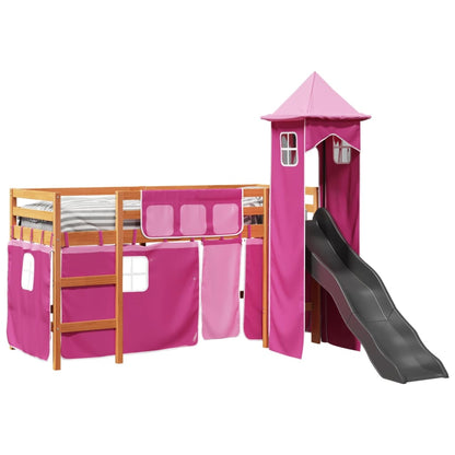 Cama alta para criança com torre 80x200 cm pinho maciço rosa