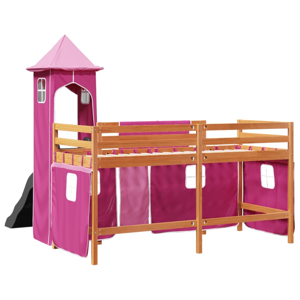 Cama alta para criança com torre 80x200 cm pinho maciço rosa