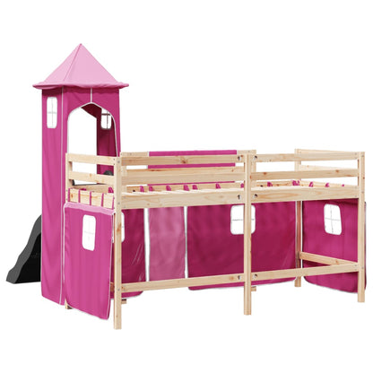 Cama alta para criança com torre 90x200 cm pinho maciço rosa