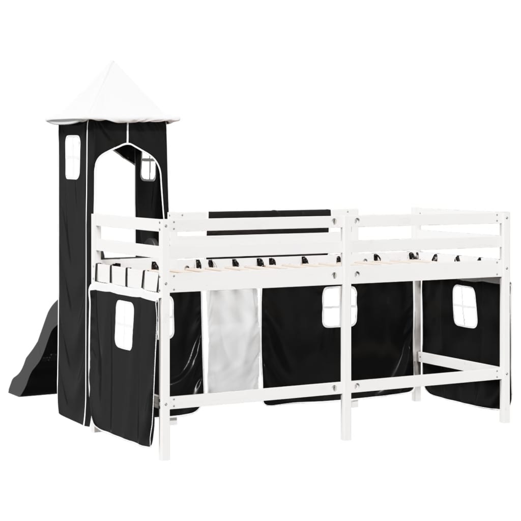 Cama alta criança c/ torre 90x200 cm pinho maciço branco/preto