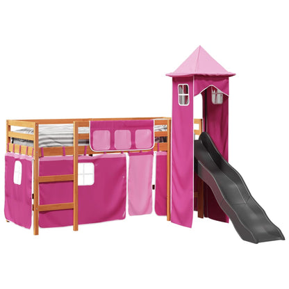 Cama alta para criança com torre 90x200 cm pinho maciço rosa