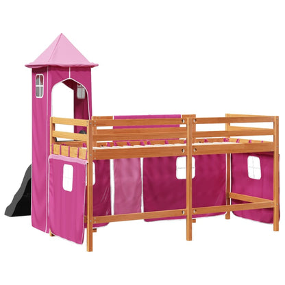 Cama alta para criança com torre 90x200 cm pinho maciço rosa