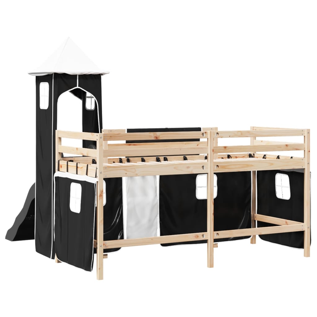 Cama alta criança c/ torre 90x190 cm pinho maciço branco/preto