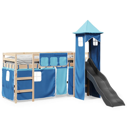 Cama alta para criança com torre 90x190 cm pinho maciço azul