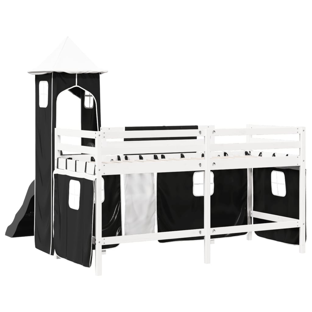 Cama alta criança c/ torre 90x190 cm pinho maciço branco/preto