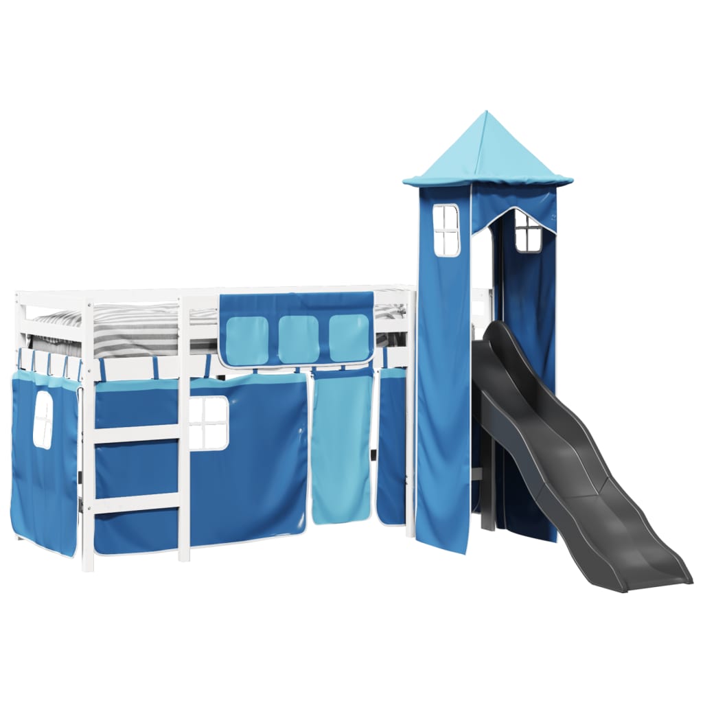 Cama alta para criança com torre 90x190 cm pinho maciço azul