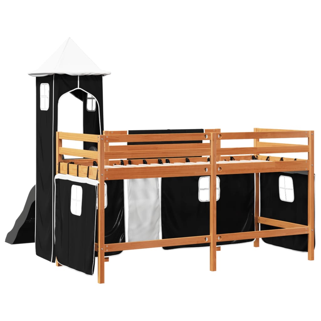 Cama alta criança c/ torre 90x190 cm pinho maciço branco/preto