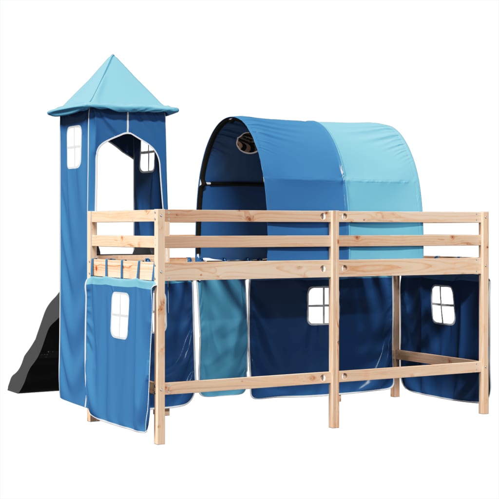 Cama alta para criança com torre 80x200 cm pinho maciço azul