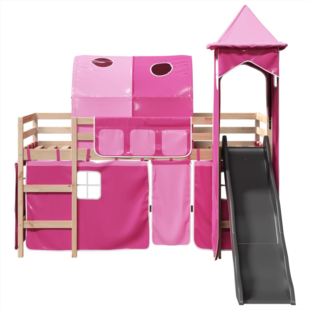 Cama alta para criança com torre 80x200 cm pinho maciço rosa