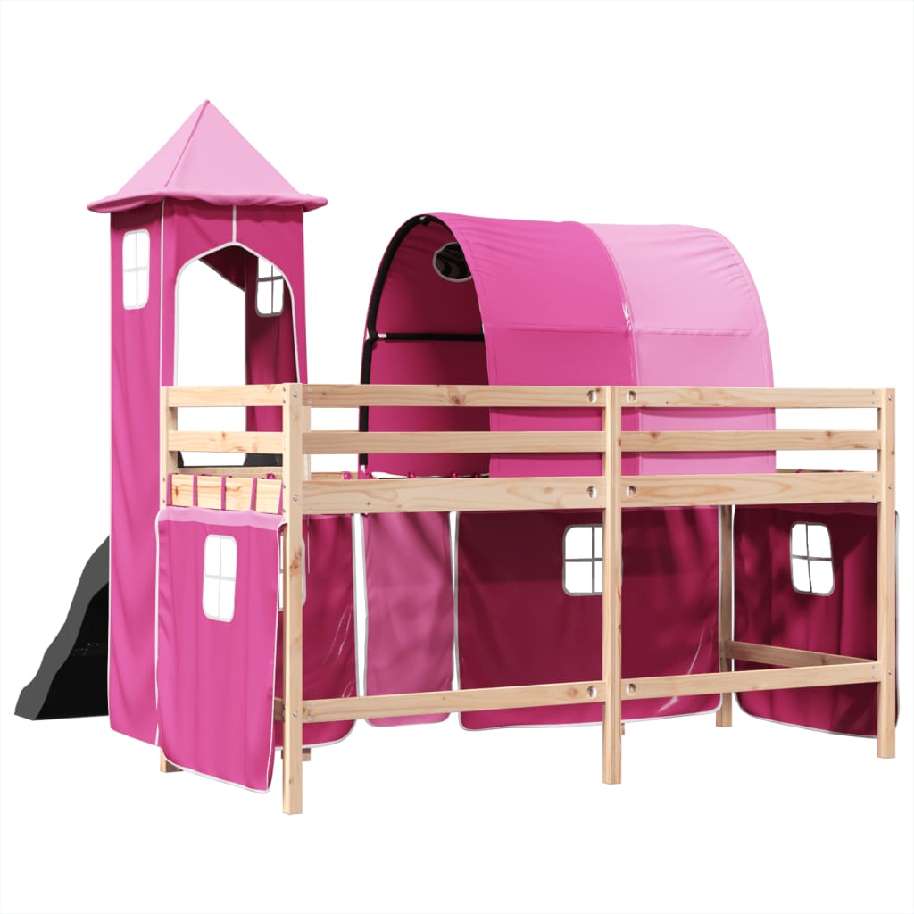 Cama alta para criança com torre 80x200 cm pinho maciço rosa