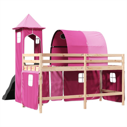 Cama alta para criança com torre 80x200 cm pinho maciço rosa