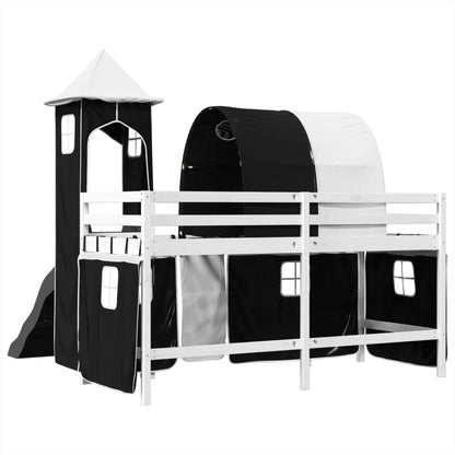 Cama alta criança c/ torre 80x200 cm pinho maciço branco/preto