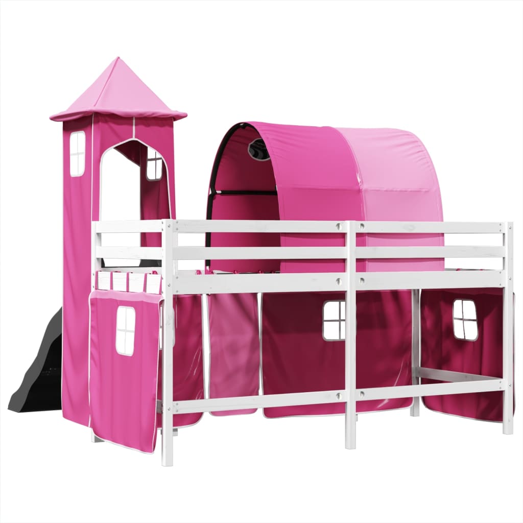 Cama alta para criança com torre 80x200 cm pinho maciço rosa