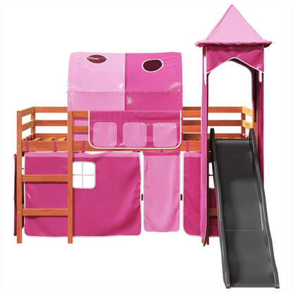 Cama alta para criança com torre 80x200 cm pinho maciço rosa