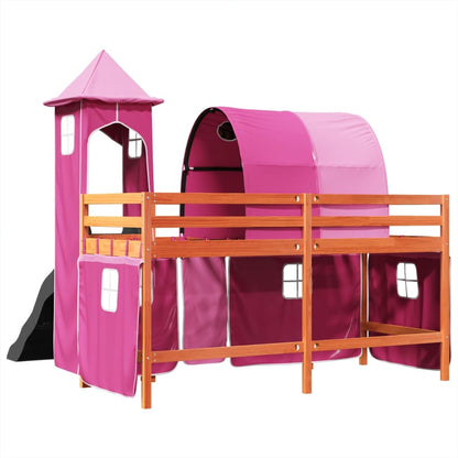 Cama alta para criança com torre 90x200 cm pinho maciço rosa