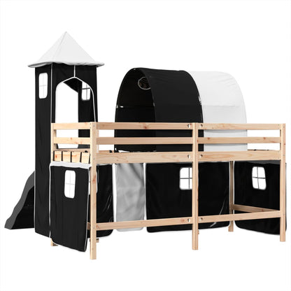 Cama alta criança c/ torre 90x190 cm pinho maciço branco/preto