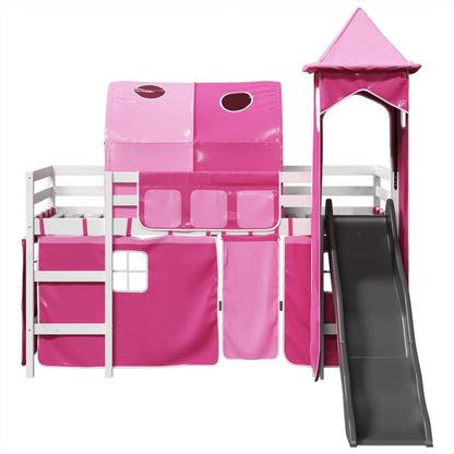 Cama alta para criança com torre 90x190 cm pinho maciço rosa