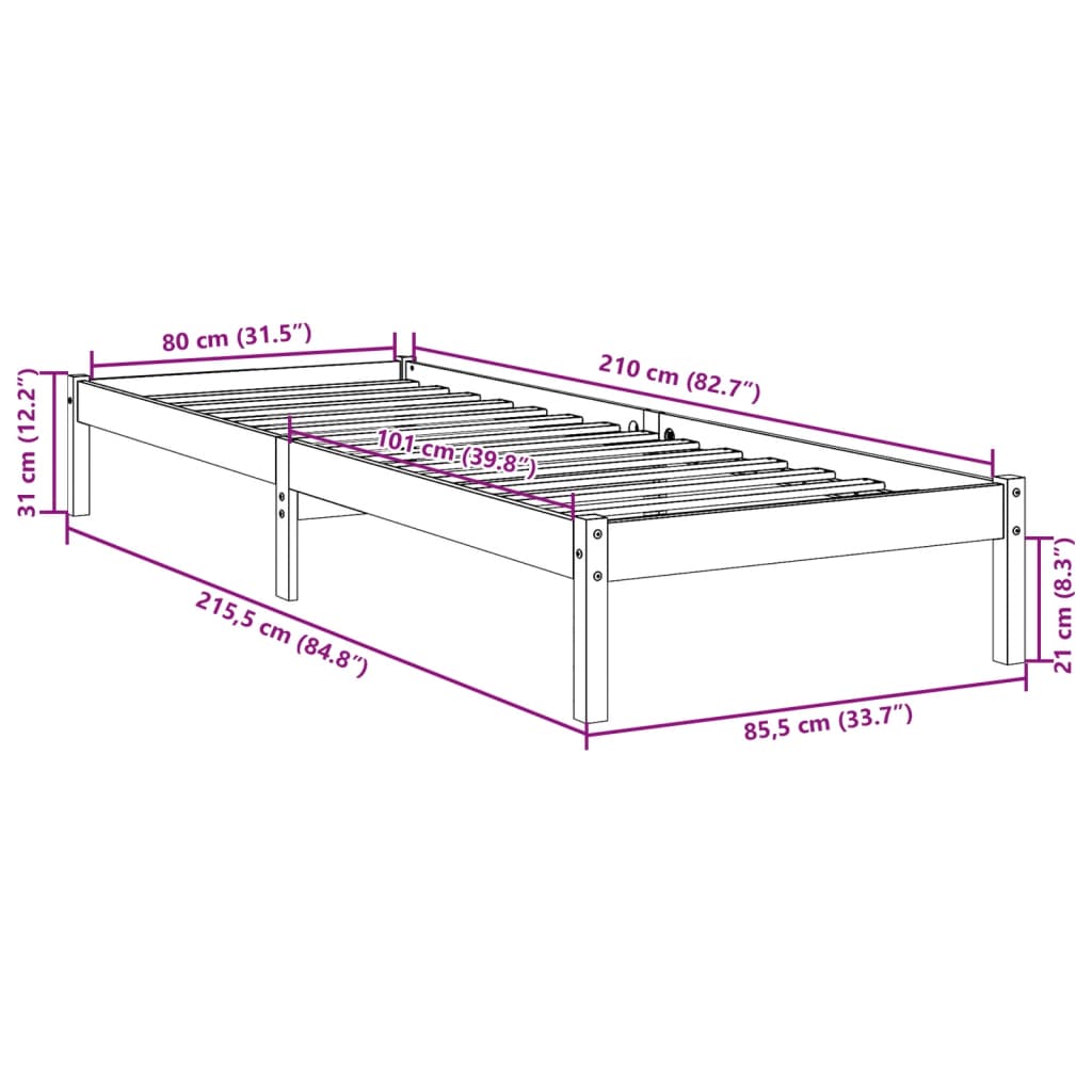 Cama extra longa sem colchão 80x210 cm madeira de pinho maciça