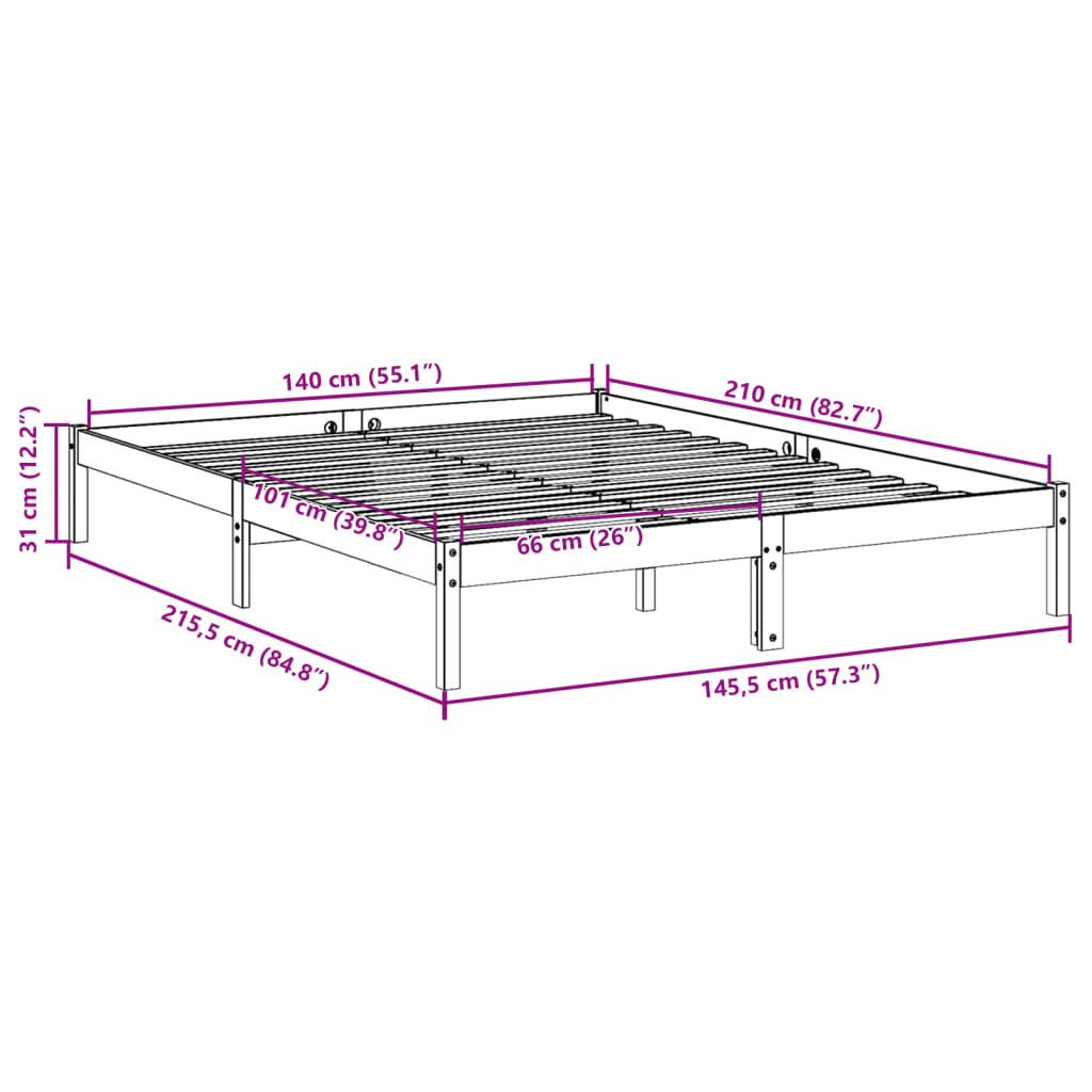 Cama extra longa sem colchão 140x210 cm madeira de pinho maciça