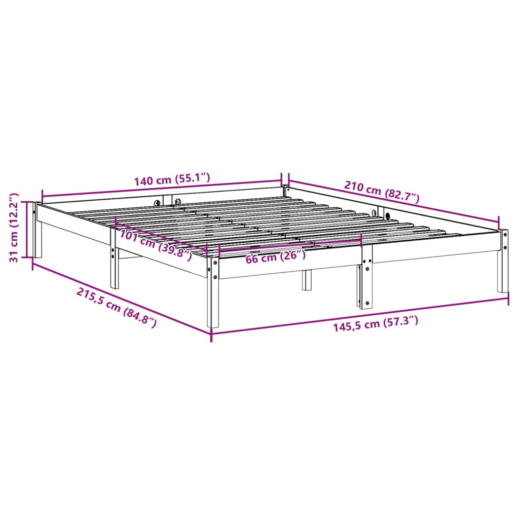 Cama extra longa sem colchão 140x210 cm pinho maciço branco