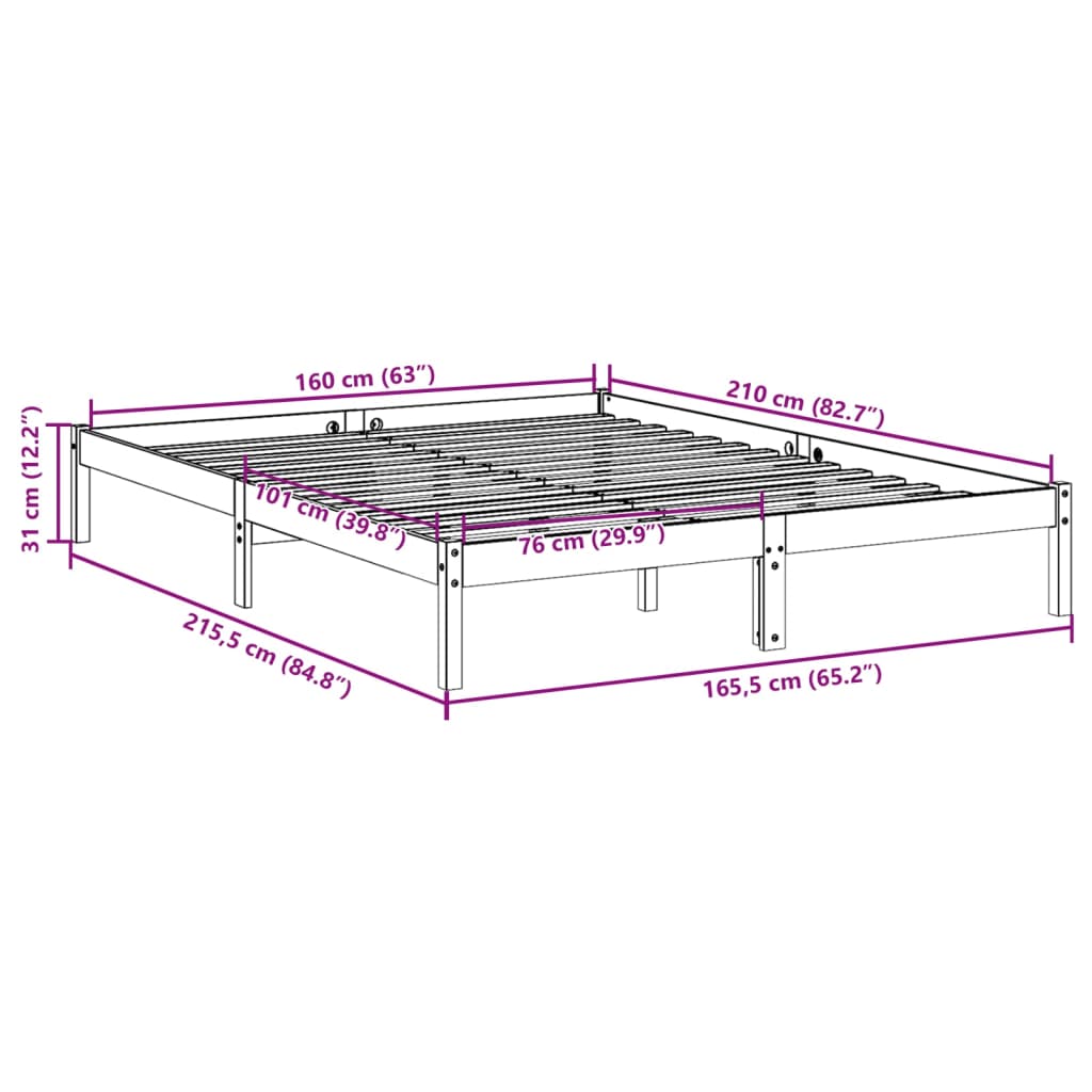 Cama extra longa sem colchão 160x210 cm madeira de pinho maciça