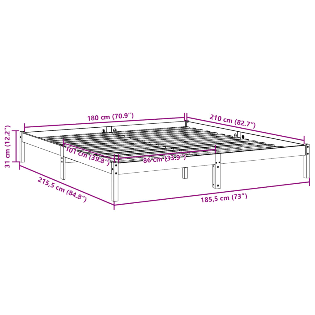 Cama extra longa sem colchão 180x210 cm madeira de pinho maciça