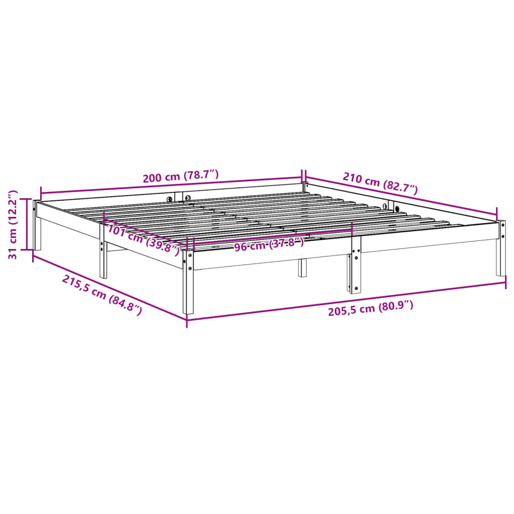 Cama extra longa sem colchão 200x210 cm madeira de pinho maciça