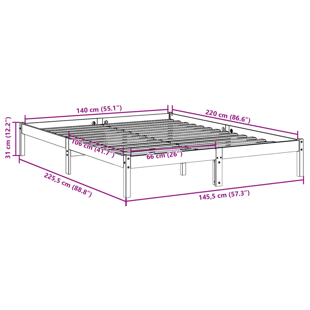 Cama extra longa sem colchão 140x220 cm madeira de pinho maciça