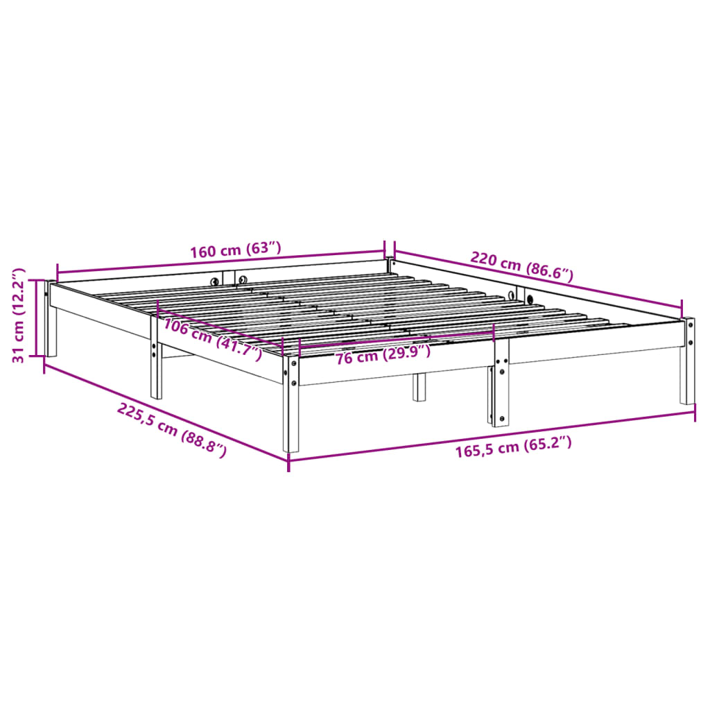 Cama extra longa sem colchão 160x220 cm madeira de pinho maciça