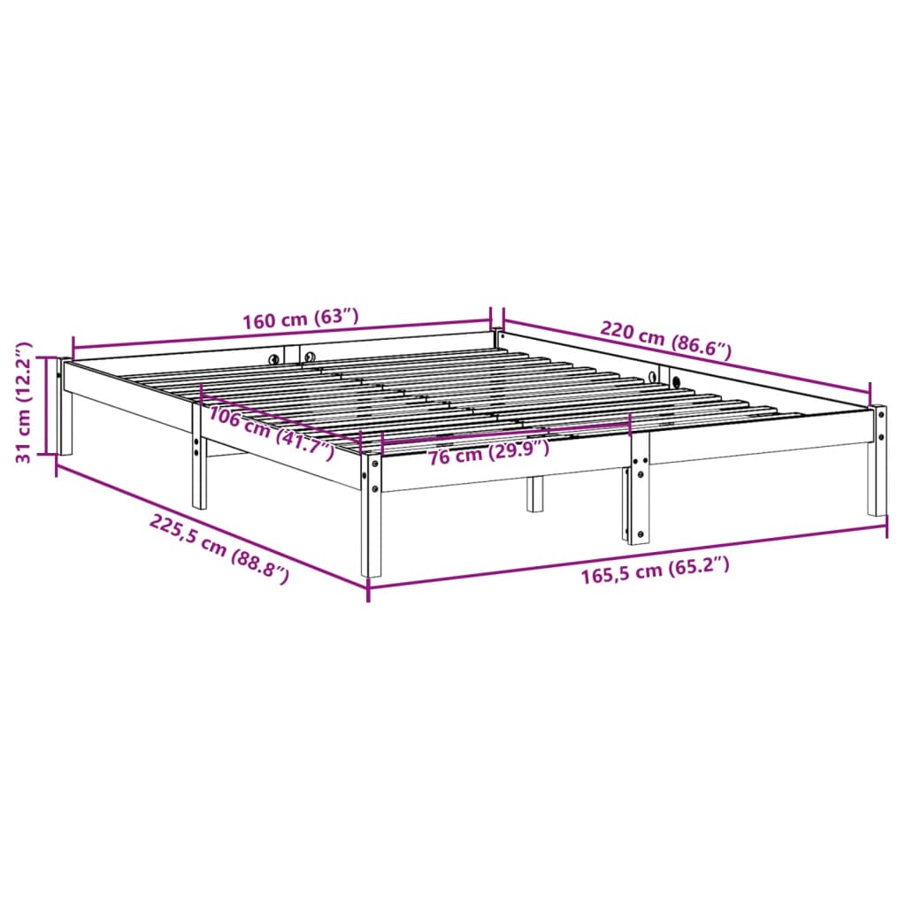 Cama extra longa sem colchão 160x220 cm pinho maciço branco