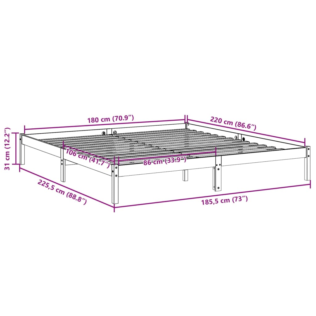 Cama extra longa sem colchão 180x220 cm madeira de pinho maciça