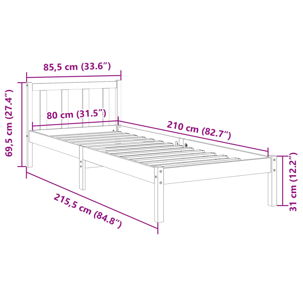 Cama extra longa sem colchão 80x210 cm madeira de pinho maciça