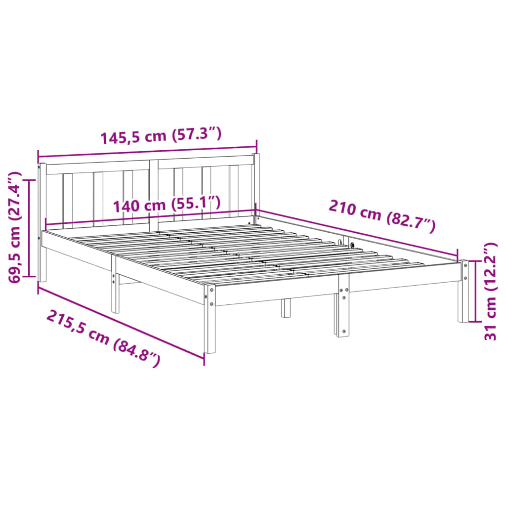 Cama extra longa sem colchão 140x210 cm madeira de pinho maciça