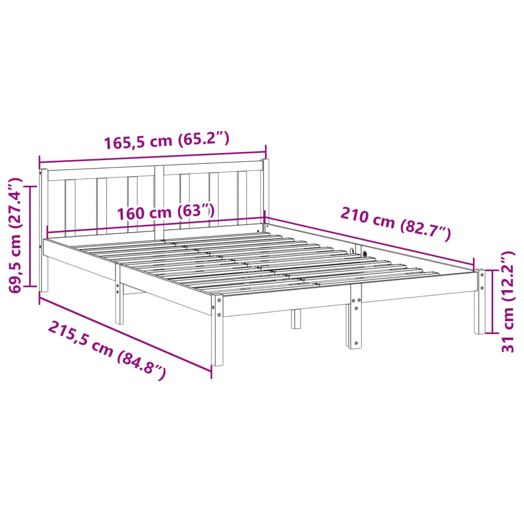 Cama extra longa sem colchão 160x210 cm madeira de pinho maciça